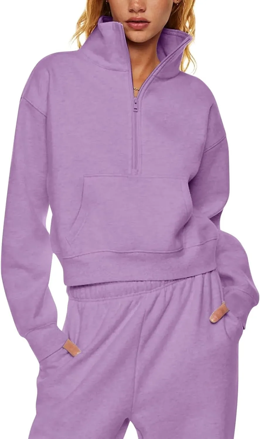 Ladies Stand Collar Hoodie Trendy Plus Fleece Sweatshirt 2024 Solid Color Loose Long Sleeve Comfy Slim Half Zip Pullover