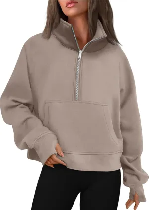Ladies Stand Collar Hoodie Trendy Plus Fleece Sweatshirt 2024 Solid Color Loose Long Sleeve Comfy Slim Half Zip Pullover