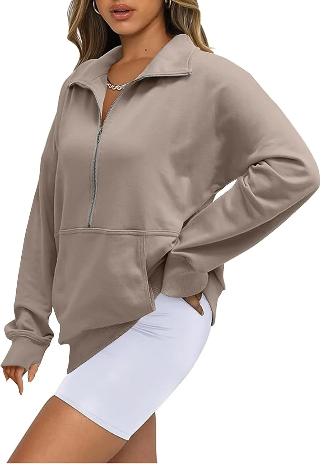Ladies Stand Collar Hoodie Trendy Plus Fleece Sweatshirt 2024 Solid Color Loose Long Sleeve Comfy Slim Half Zip Pullover