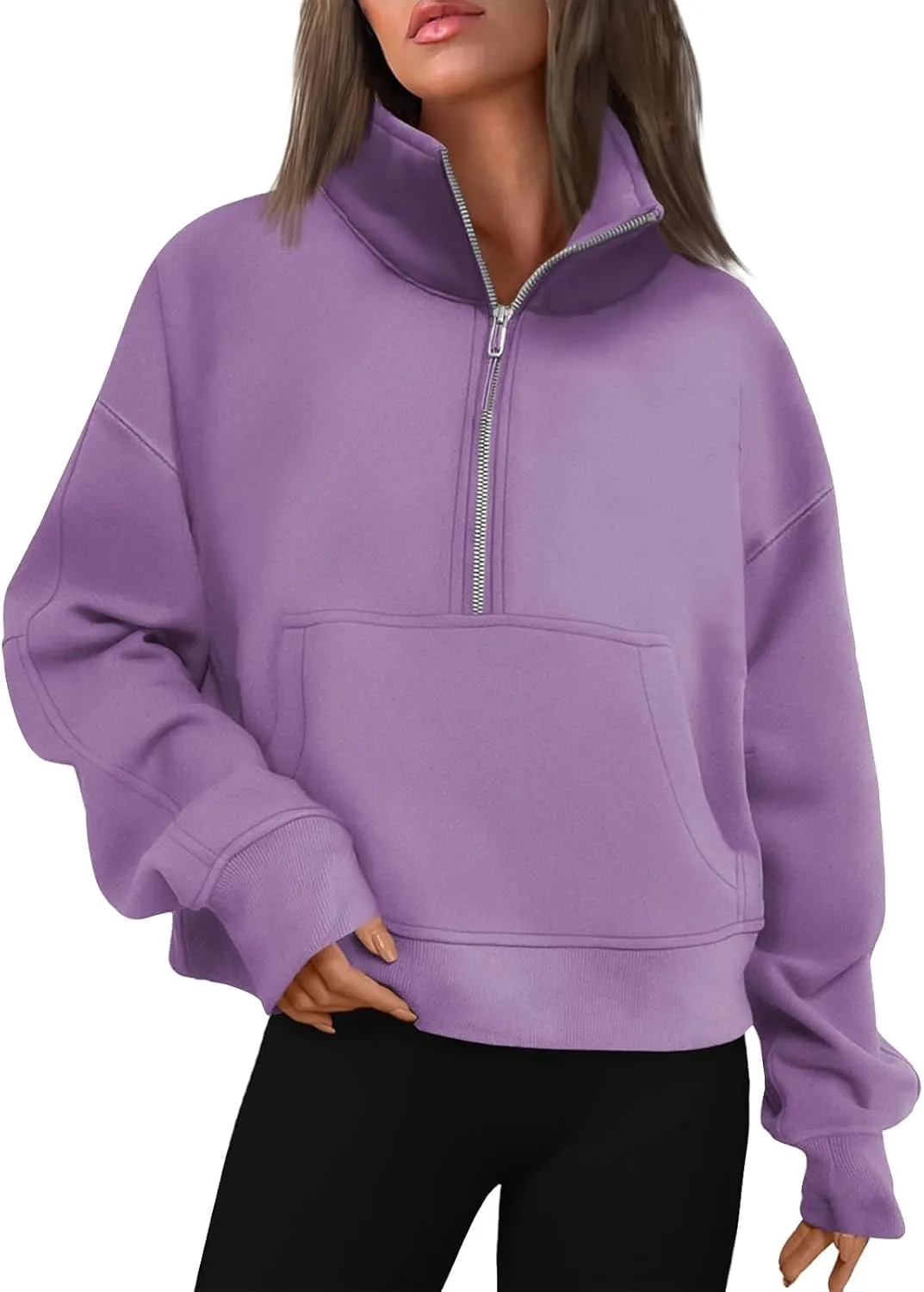 Ladies Stand Collar Hoodie Trendy Plus Fleece Sweatshirt 2024 Solid Color Loose Long Sleeve Comfy Slim Half Zip Pullover