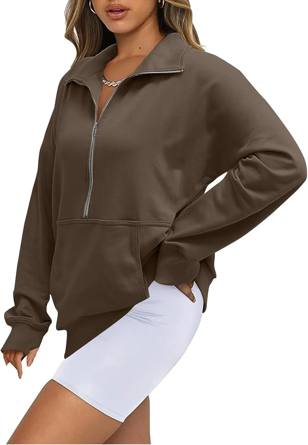 Ladies Stand Collar Hoodie Trendy Plus Fleece Sweatshirt 2024 Solid Color Loose Long Sleeve Comfy Slim Half Zip Pullover