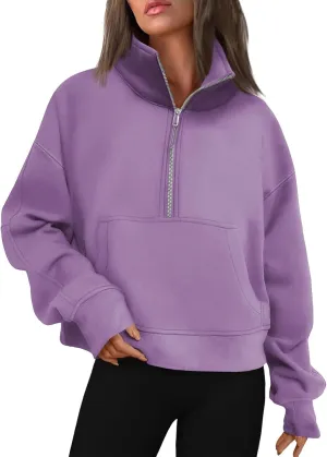 Ladies Stand Collar Hoodie Trendy Plus Fleece Sweatshirt 2024 Solid Color Loose Long Sleeve Comfy Slim Half Zip Pullover