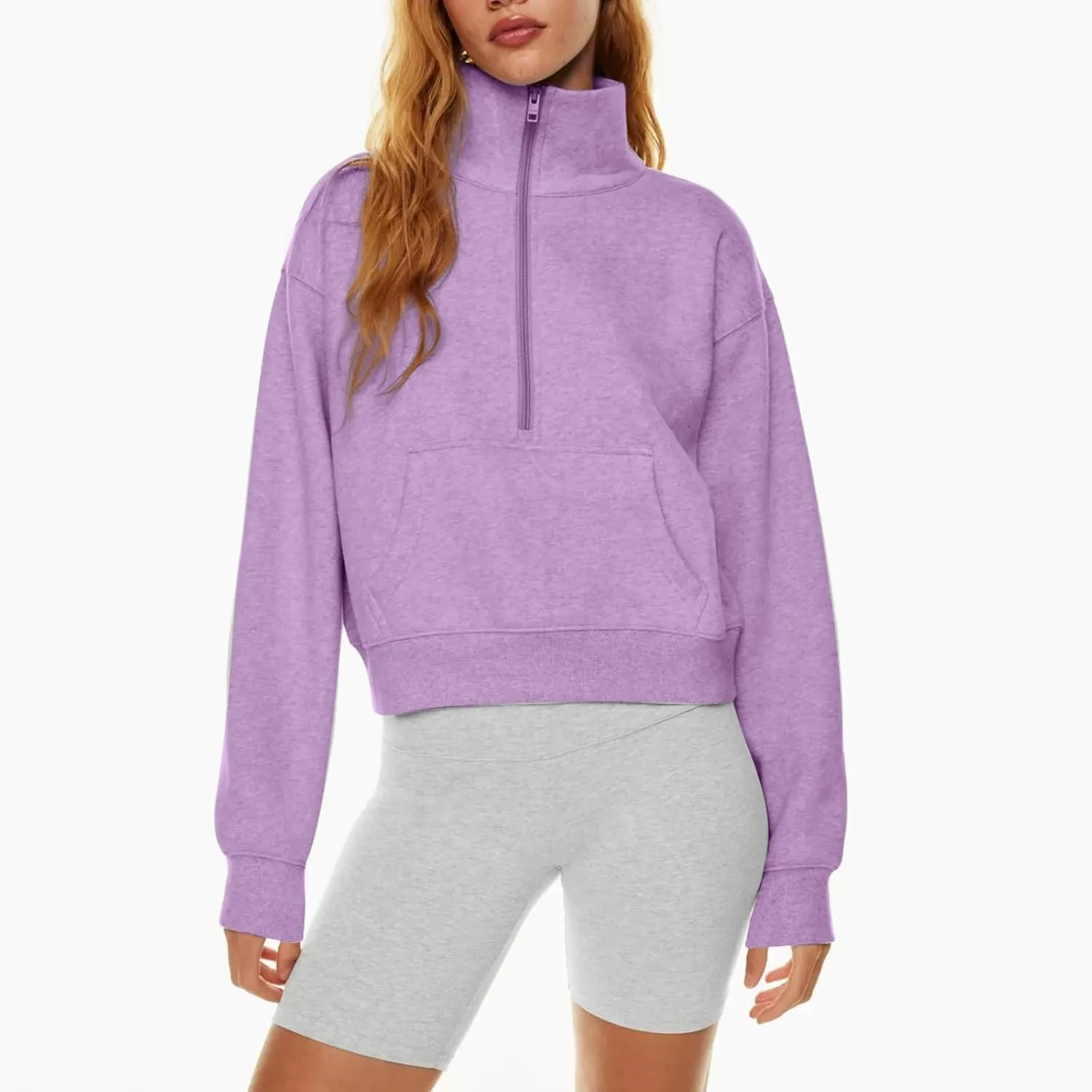 Ladies Stand Collar Hoodie Trendy Plus Fleece Sweatshirt 2024 Solid Color Loose Long Sleeve Comfy Slim Half Zip Pullover