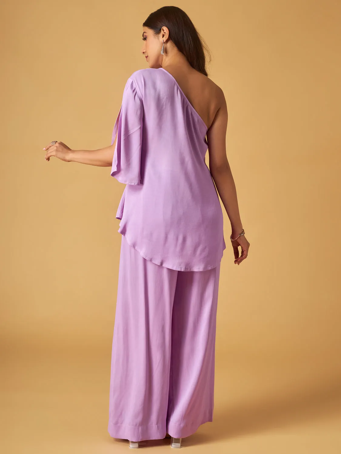 Lilac Crepe Satin One-Shoulder Co-Ord Set
