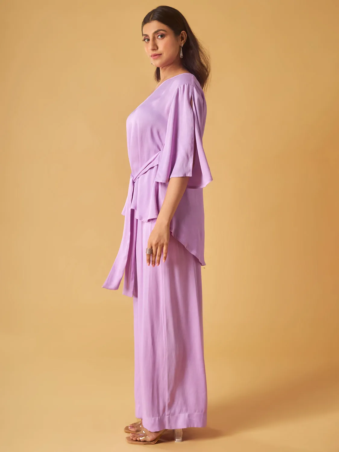 Lilac Crepe Satin One-Shoulder Co-Ord Set