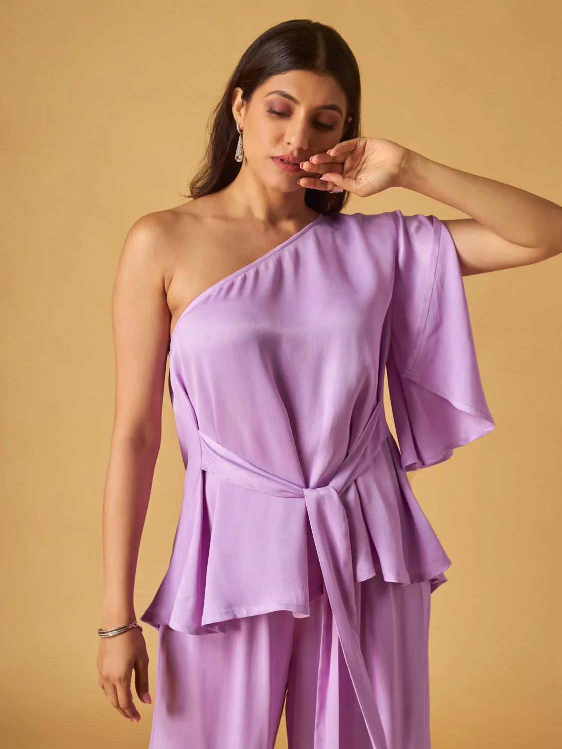 Lilac Crepe Satin One-Shoulder Co-Ord Set