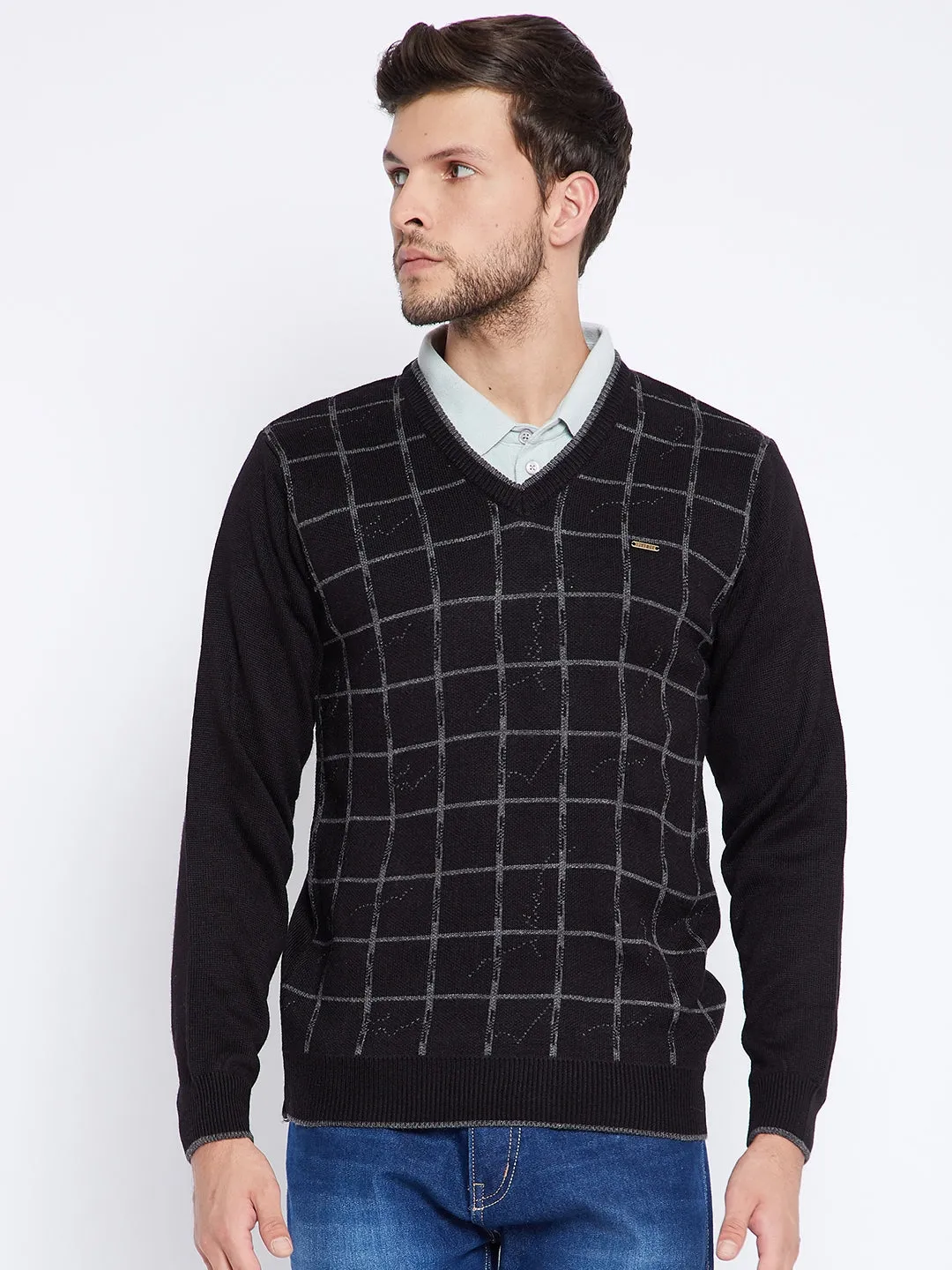 Livfree Men's V-Neck Full Sleeves Check Sweater - Black