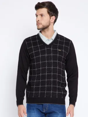 Livfree Men's V-Neck Full Sleeves Check Sweater - Black