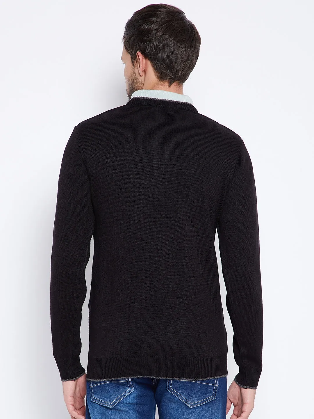 Livfree Men's V-Neck Full Sleeves Check Sweater - Black