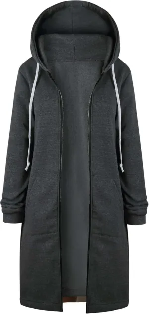Long Full Zip Hoodies Women Oversized Warm Sweatshirts Y2K Fleece Jacket Fashion Long Sleeve Clothes Pockets