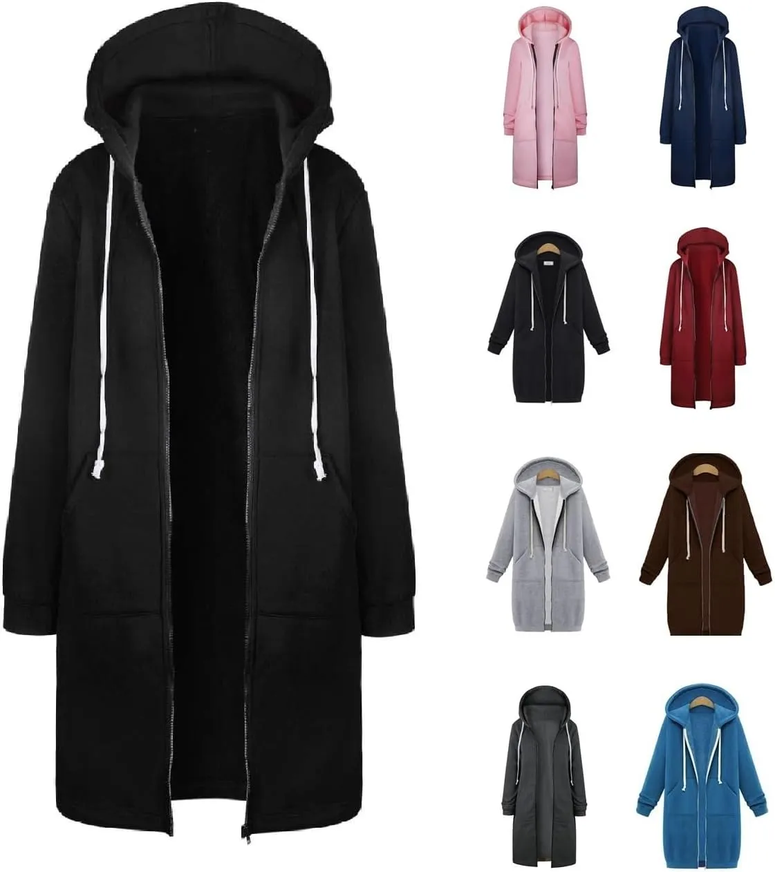 Long Full Zip Hoodies Women Oversized Warm Sweatshirts Y2K Fleece Jacket Fashion Long Sleeve Clothes Pockets