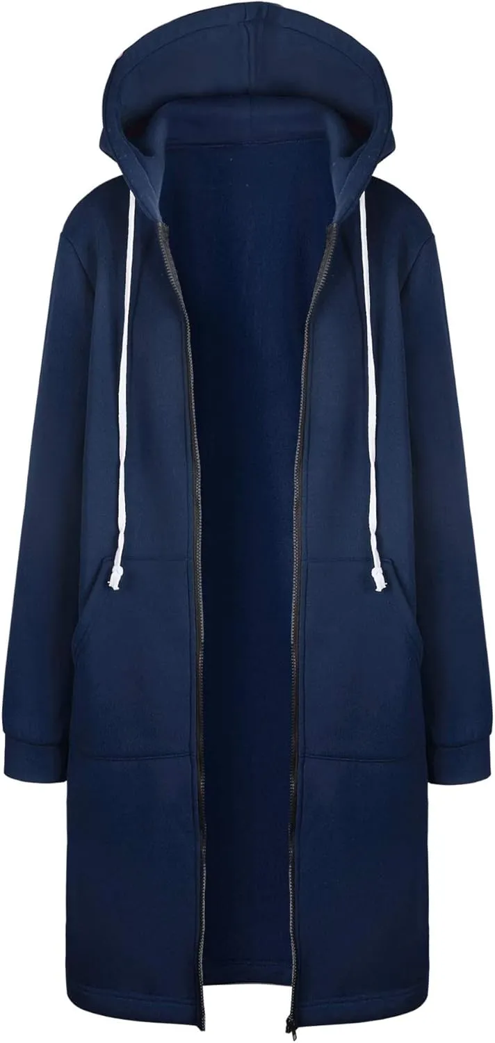 Long Full Zip Hoodies Women Oversized Warm Sweatshirts Y2K Fleece Jacket Fashion Long Sleeve Clothes Pockets