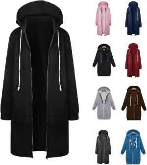 Long Full Zip Hoodies Women Oversized Warm Sweatshirts Y2K Fleece Jacket Fashion Long Sleeve Clothes Pockets