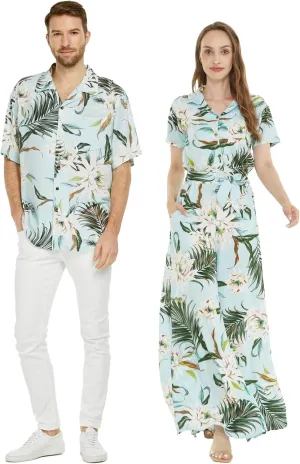 Matchable Couple Hawaiian Luau Shirt or Wide Legged with Pockets Jumpsuit in Wispy Cereus Light Blue