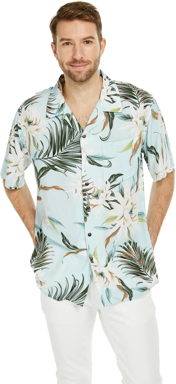 Matchable Couple Hawaiian Luau Shirt or Wide Legged with Pockets Jumpsuit in Wispy Cereus Light Blue