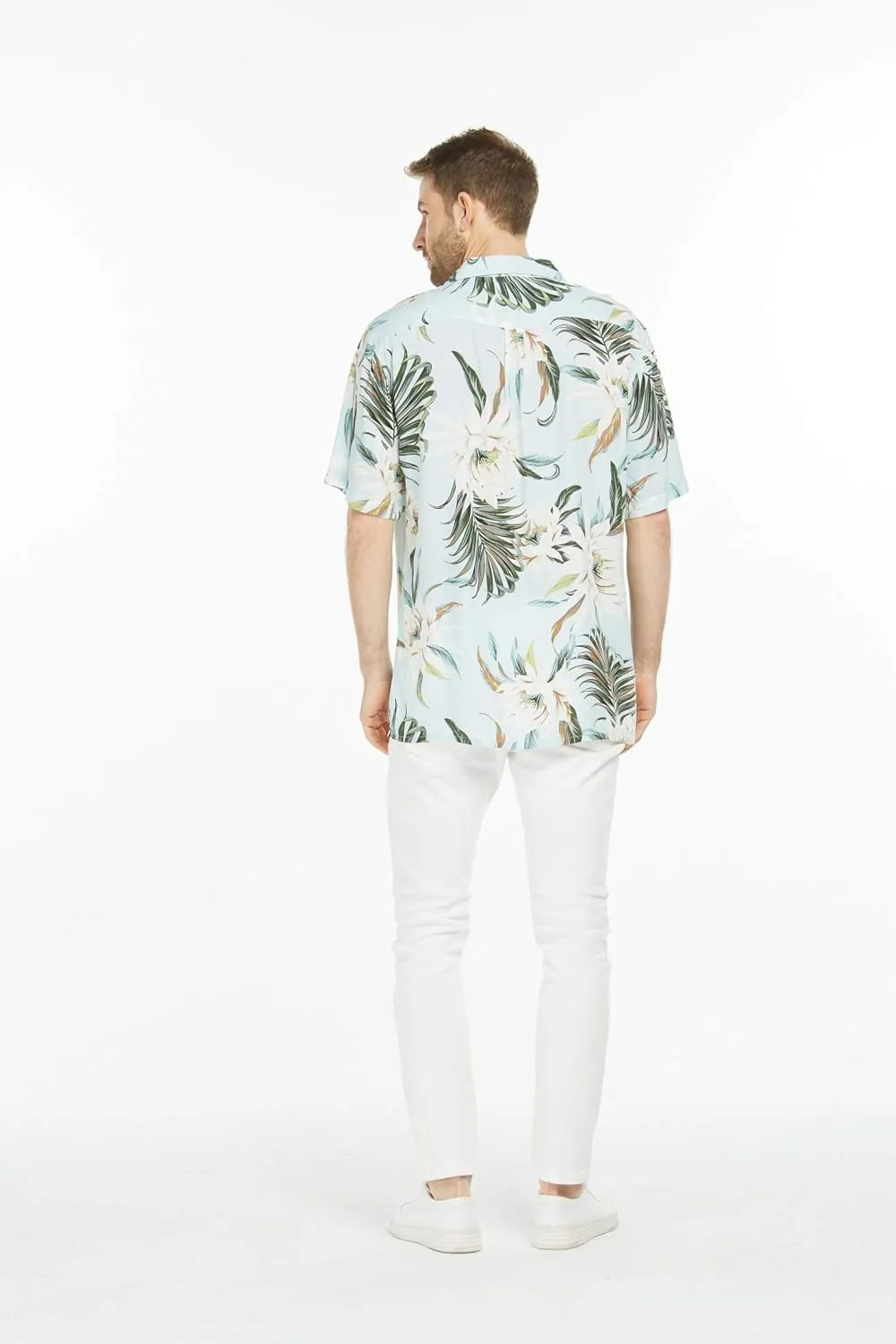 Matchable Couple Hawaiian Luau Shirt or Wide Legged with Pockets Jumpsuit in Wispy Cereus Light Blue