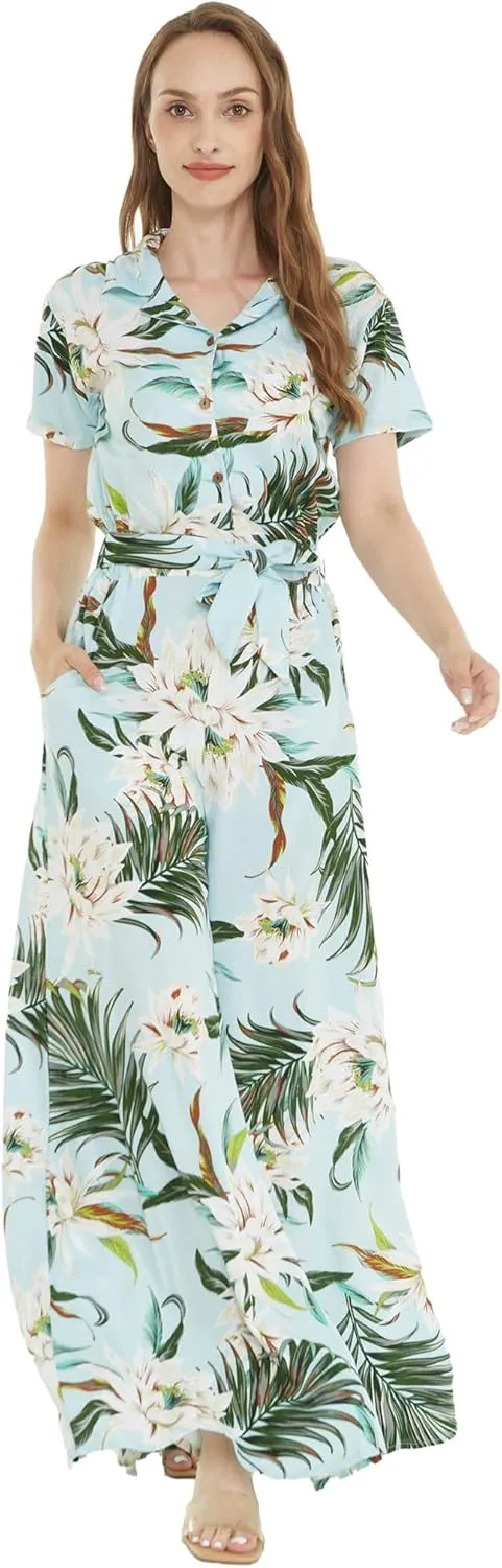 Matchable Couple Hawaiian Luau Shirt or Wide Legged with Pockets Jumpsuit in Wispy Cereus Light Blue