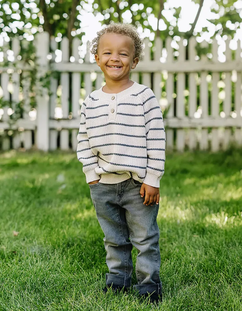Mebie Baby - Button Knit Sweater in Charcoal Stripes