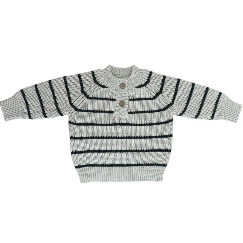 Mebie Baby - Button Knit Sweater in Charcoal Stripes