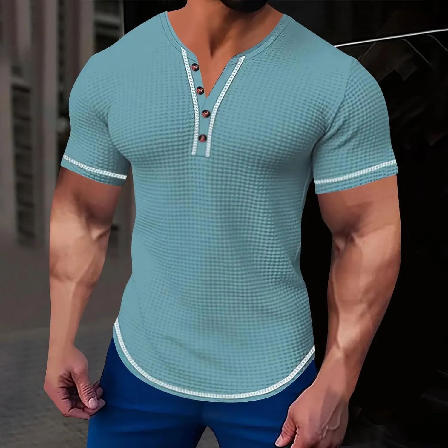 Mens Henley Shirts Short Sleeve V Neck Casual T-Shirt Button Collared Basic Fashion Summer Beach Tee Tops Slim Fit