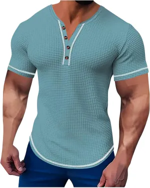 Mens Henley Shirts Short Sleeve V Neck Casual T-Shirt Button Collared Basic Fashion Summer Beach Tee Tops Slim Fit