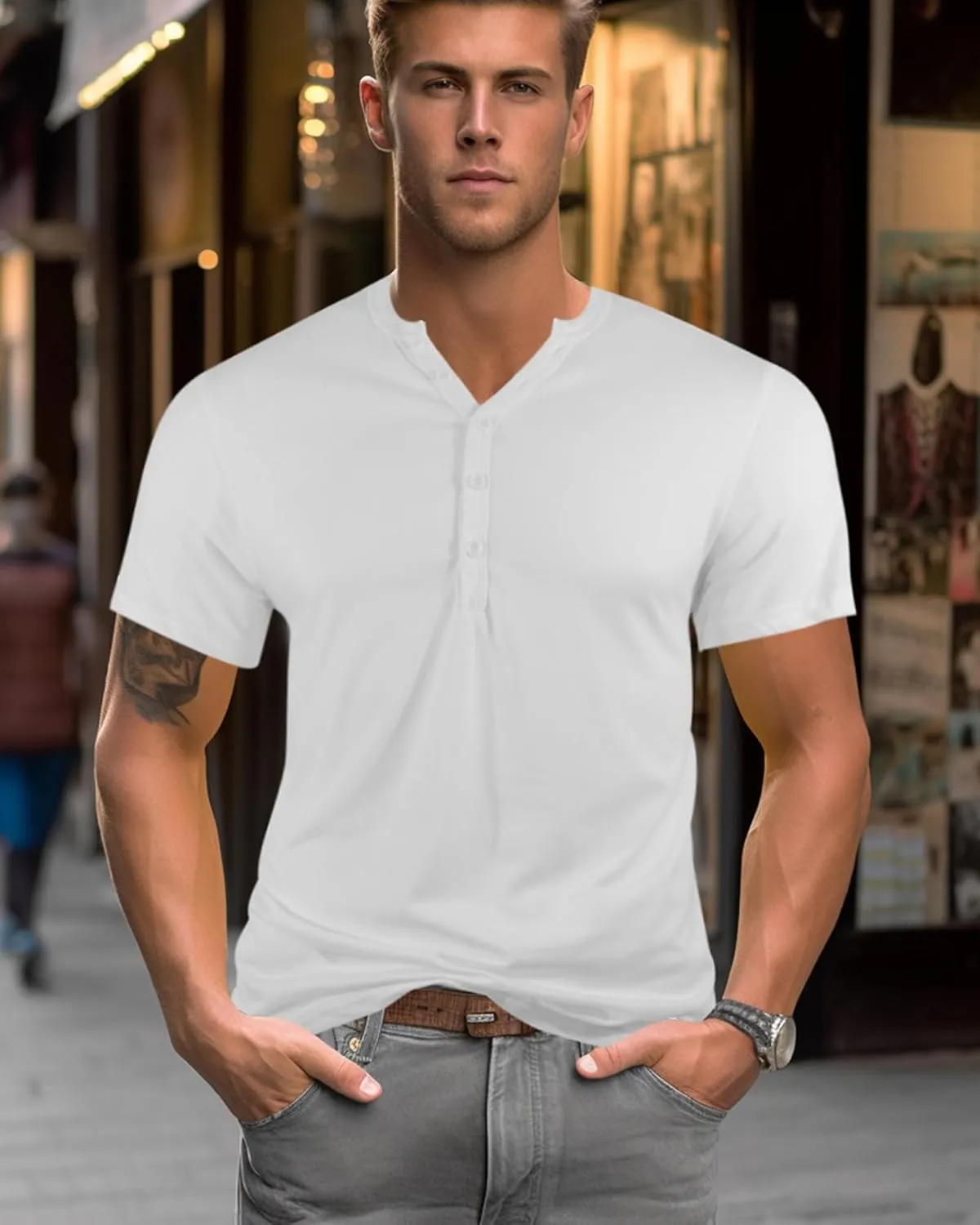 Mens Henley T-Shirts Slim Fit Shirts Casual Front Placket Short Sleeve T-Shirts Fashion