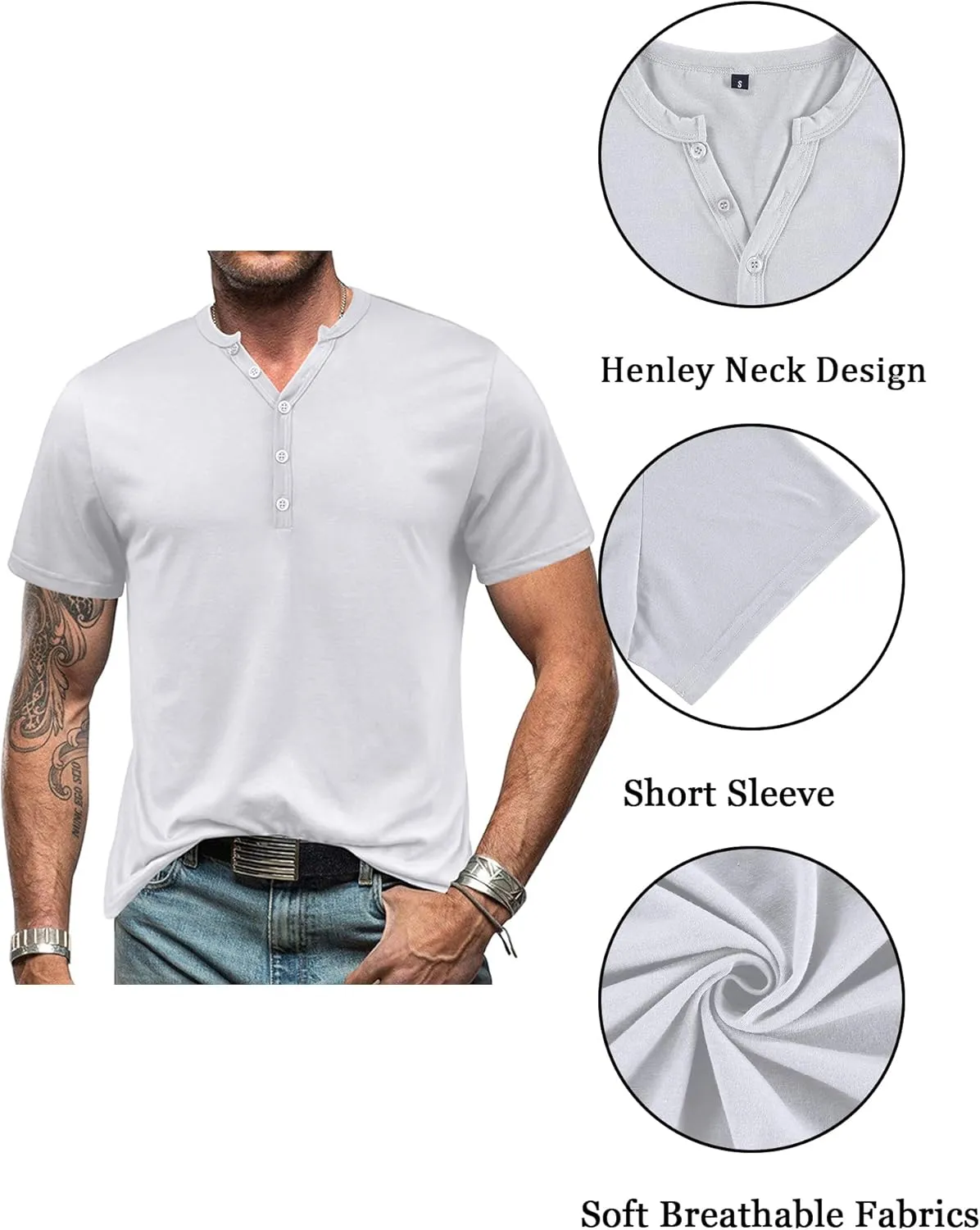 Mens Henley T-Shirts Slim Fit Shirts Casual Front Placket Short Sleeve T-Shirts Fashion