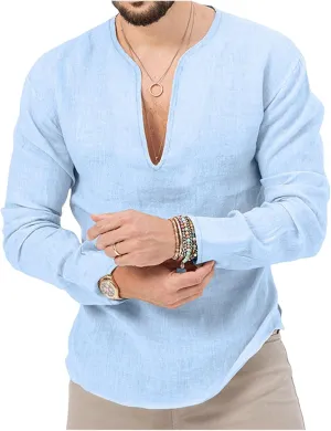 Mens Linen Henley Shirts Long Sleeve Deep V Neck T-Shirts Slim Fit Casual Solid Tees Classic Hippie Comfy Soft Tops