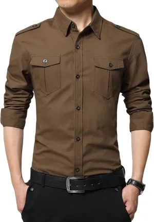 Men's Military Style Double Pocket Shirt Tactical Cargo Casual Slim Fit Shirt Work Shirt Hiking Fishing Shirts