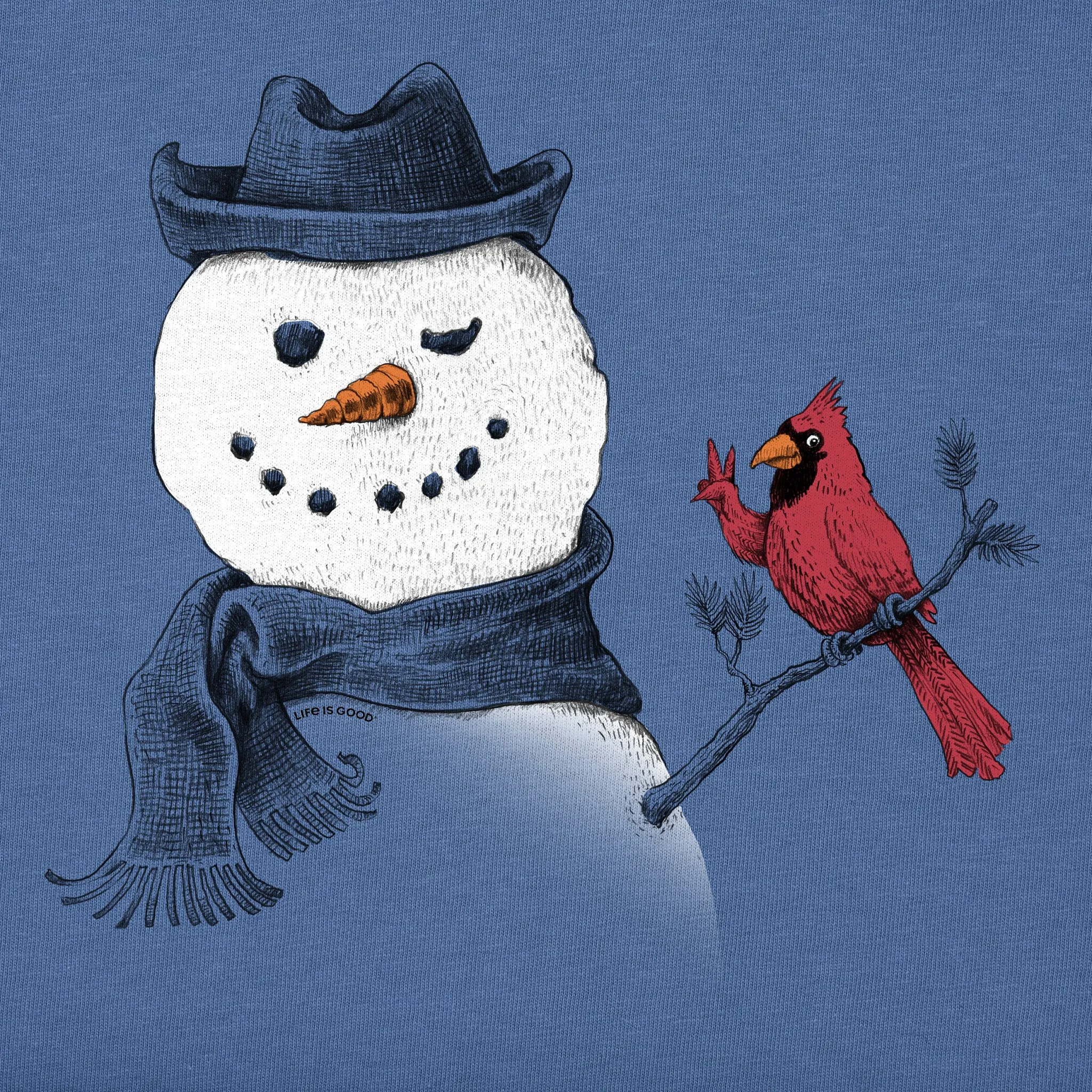 Men's Peaceful Snowman w Cardinal Long Sleeve Crusher Tee