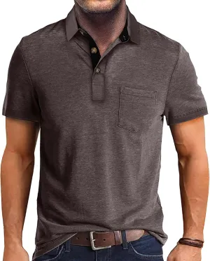 Mens Polo Shirts Classic Button Collared Short Sleeve Golf Shirts Casual Slim Fit Dress Polo T Shirts with Pockets