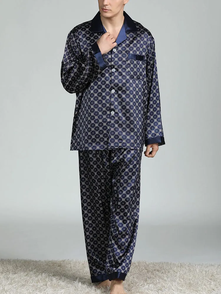 Men's Print Sleepwear Silk Satin Pajamas Set