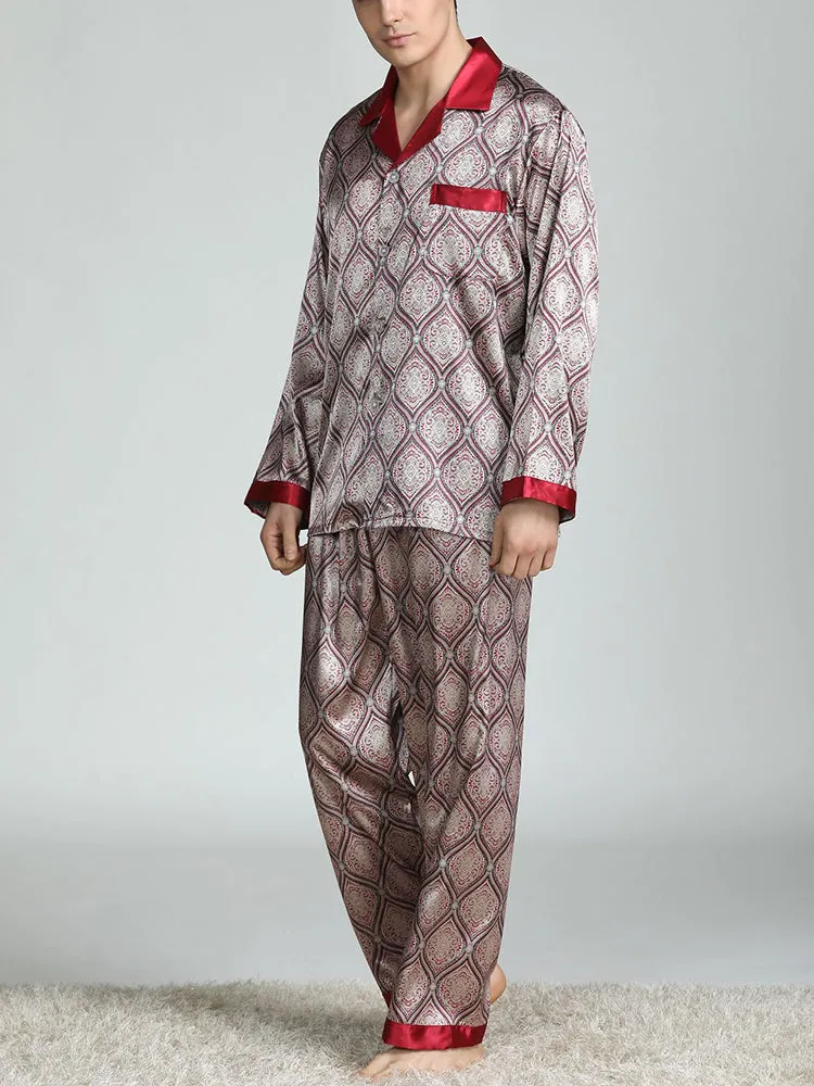 Men's Print Sleepwear Silk Satin Pajamas Set