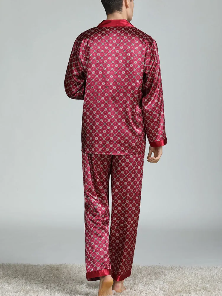 Men's Print Sleepwear Silk Satin Pajamas Set