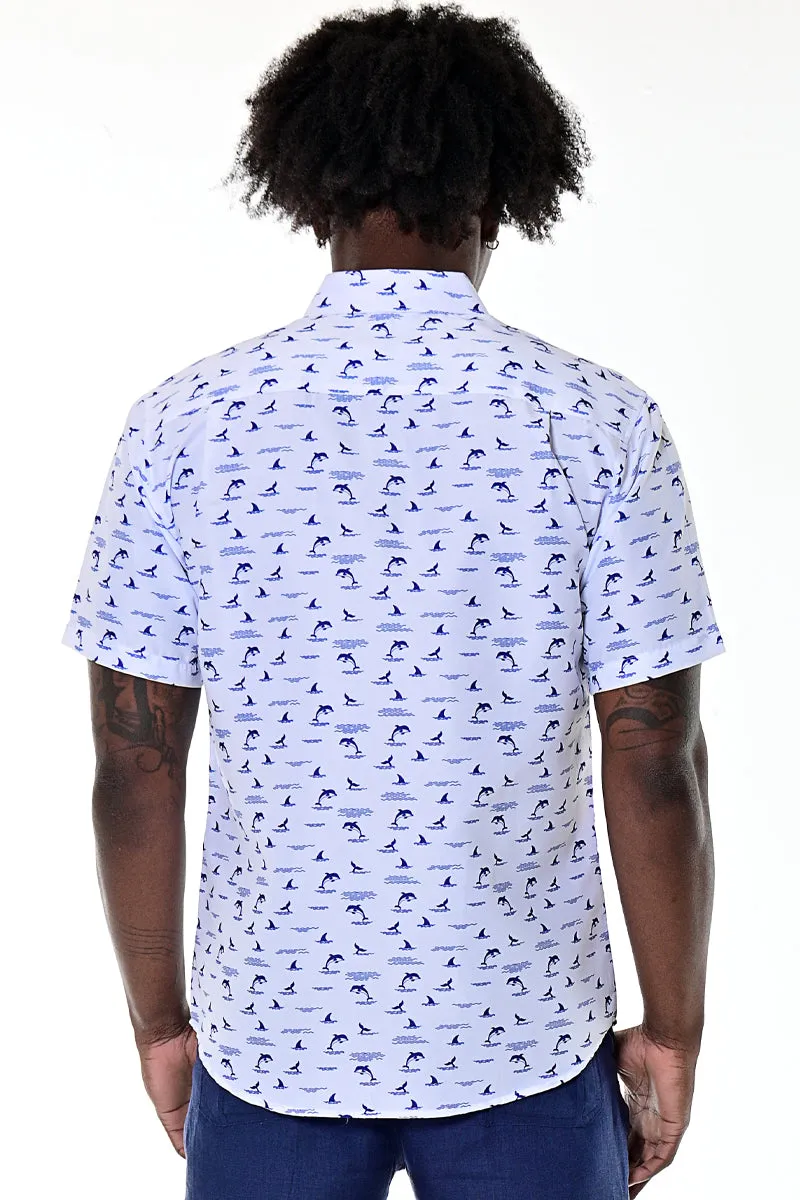 Men's Short Sleeve Shirt for Men w/Dolphin Design Print - White/Navy