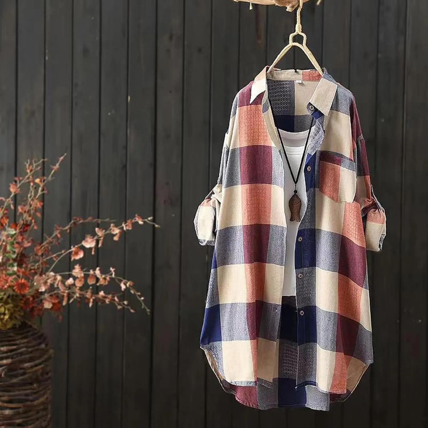 Mid Length Plaid Shirt for Women 2024 Spring and Autumn New Shirt Korean Style Long Sleeved Loose Coat Top