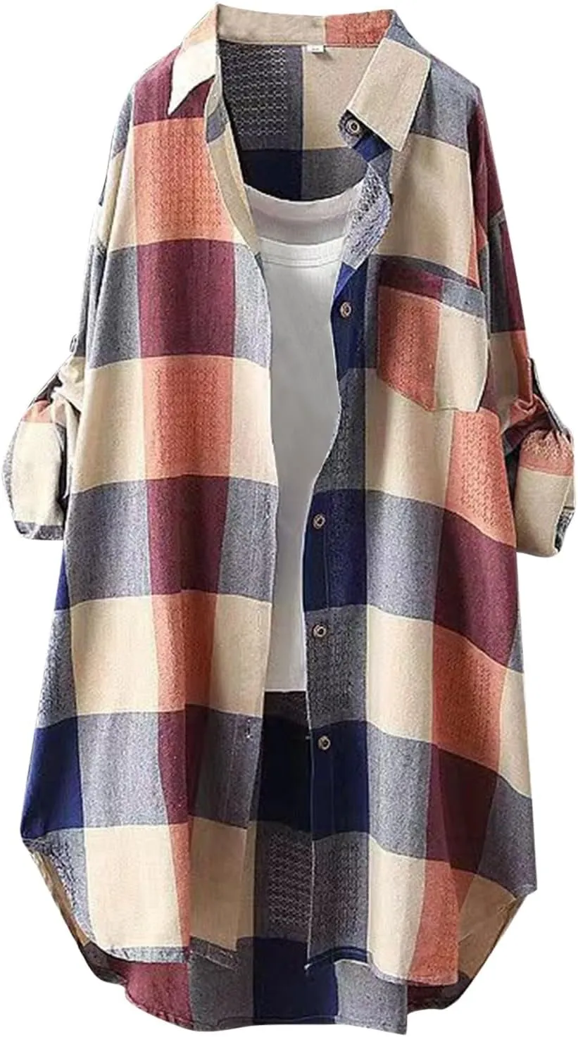 Mid Length Plaid Shirt for Women 2024 Spring and Autumn New Shirt Korean Style Long Sleeved Loose Coat Top