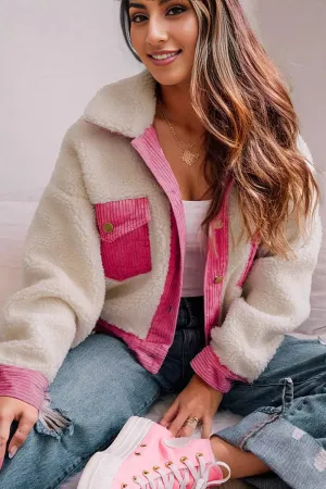 Multicolor Sherpa Corduroy Patchwork Button up Crop Jacket