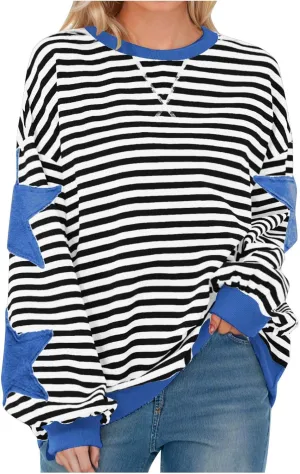 Oversized Sweatshirt for Women 2024 Fall Crewneck Star Striped Top Long Sleeve Preppy Y2K Hoodies Lightweight
