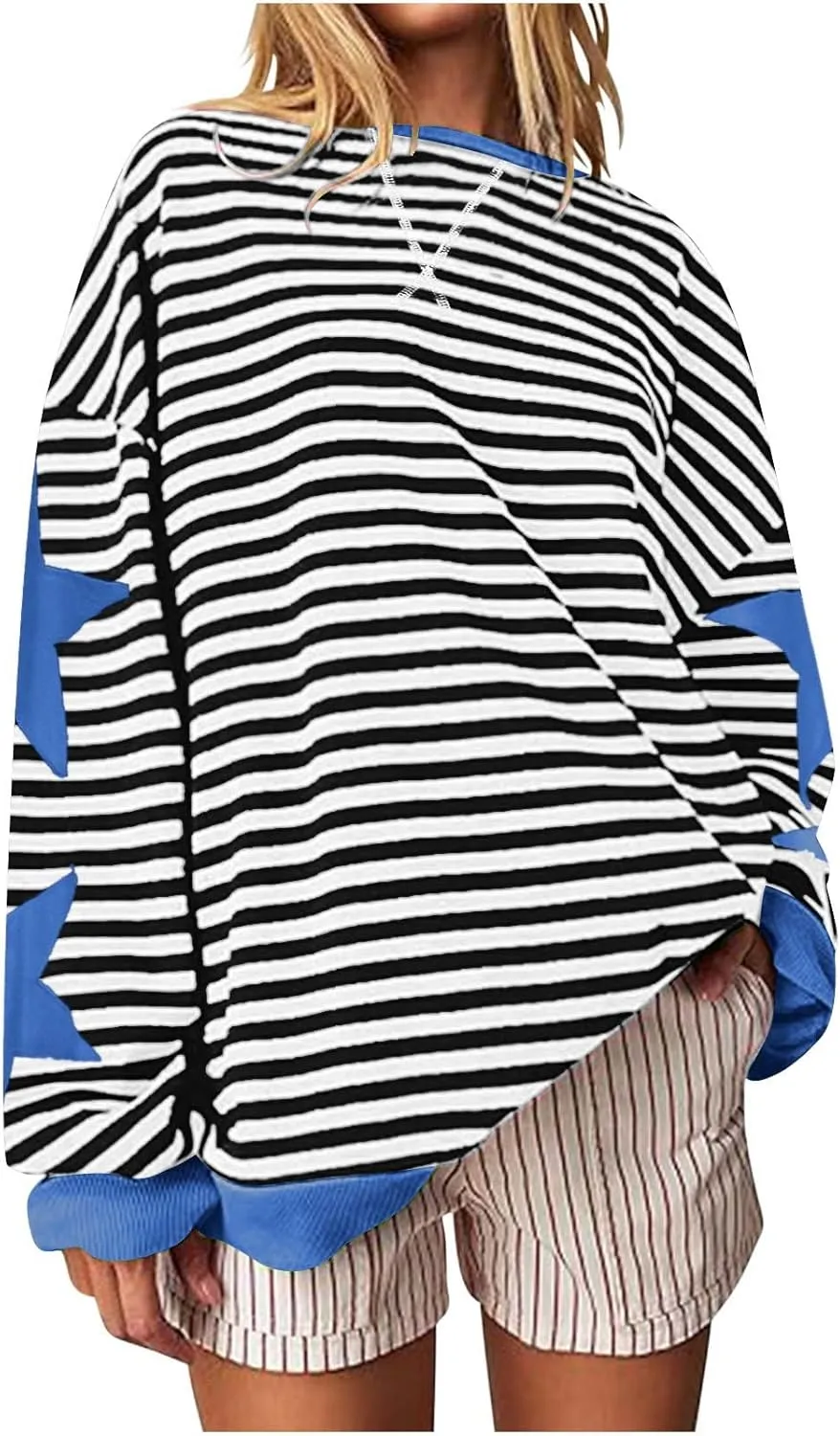 Oversized Sweatshirt for Women 2024 Fall Crewneck Star Striped Top Long Sleeve Preppy Y2K Hoodies Lightweight