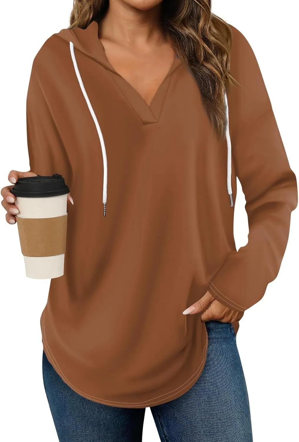 Oversized V Neck Hoodie for Women Long Sleeve Shirts Loose Fit Tunic Tops Tshirts Soft Cmofy Blouse Solid Tees