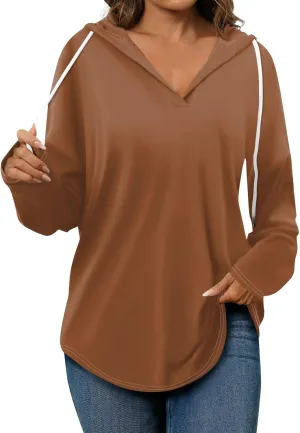 Oversized V Neck Hoodie for Women Long Sleeve Shirts Loose Fit Tunic Tops Tshirts Soft Cmofy Blouse Solid Tees