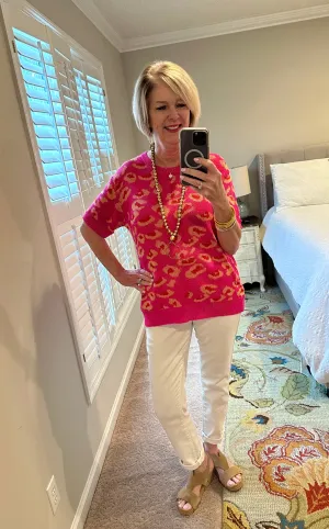 Pink leopard knit top