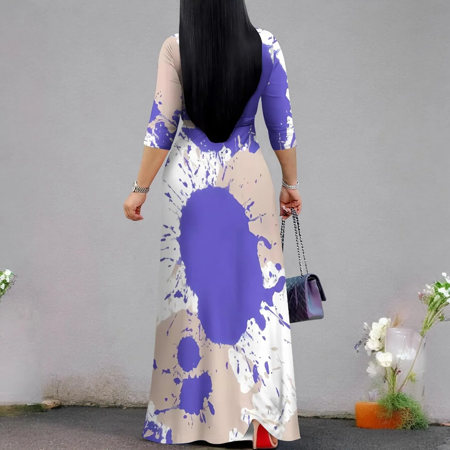 Plus Size Dresses for Curvy Women Casual Maxi Dress Flowy 3/4 Sleeve with Belt