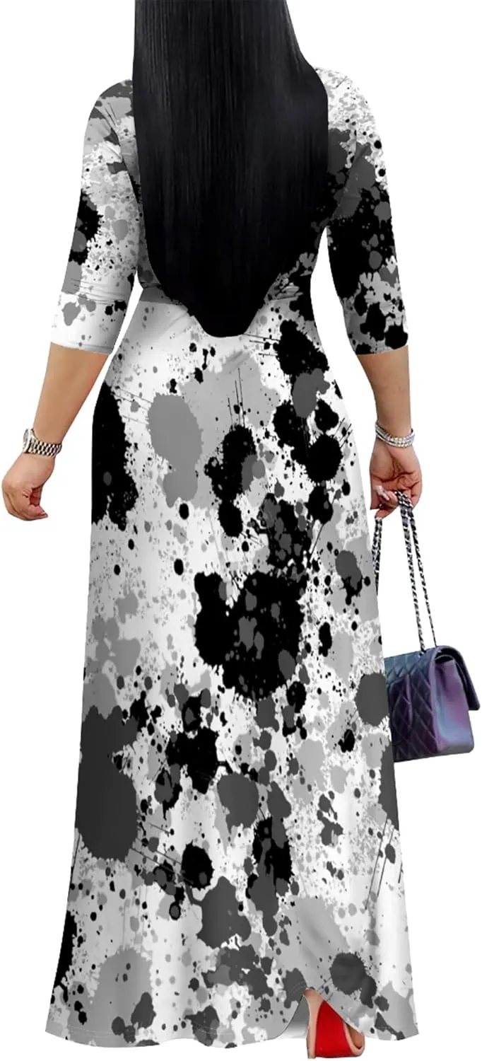 Plus Size Dresses for Curvy Women Casual Maxi Dress Flowy 3/4 Sleeve with Belt