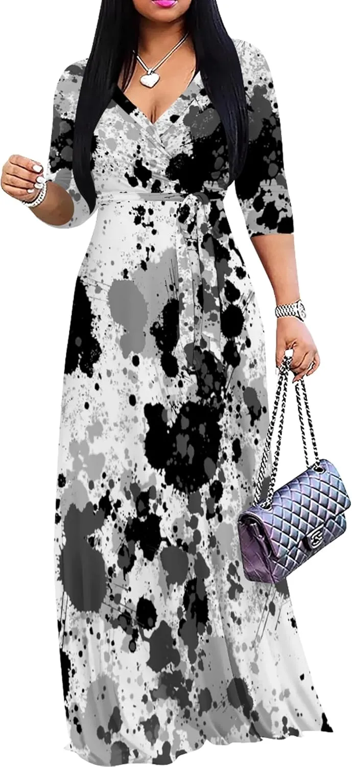 Plus Size Dresses for Curvy Women Casual Maxi Dress Flowy 3/4 Sleeve with Belt