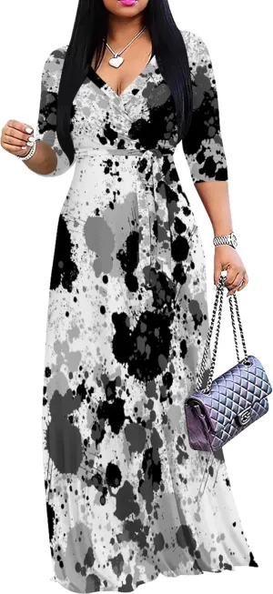 Plus Size Dresses for Curvy Women Casual Maxi Dress Flowy 3/4 Sleeve with Belt