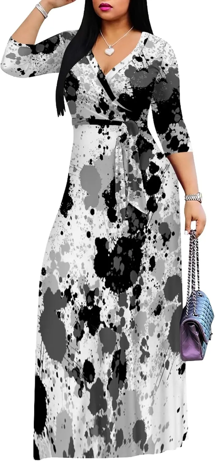 Plus Size Dresses for Curvy Women Casual Maxi Dress Flowy 3/4 Sleeve with Belt