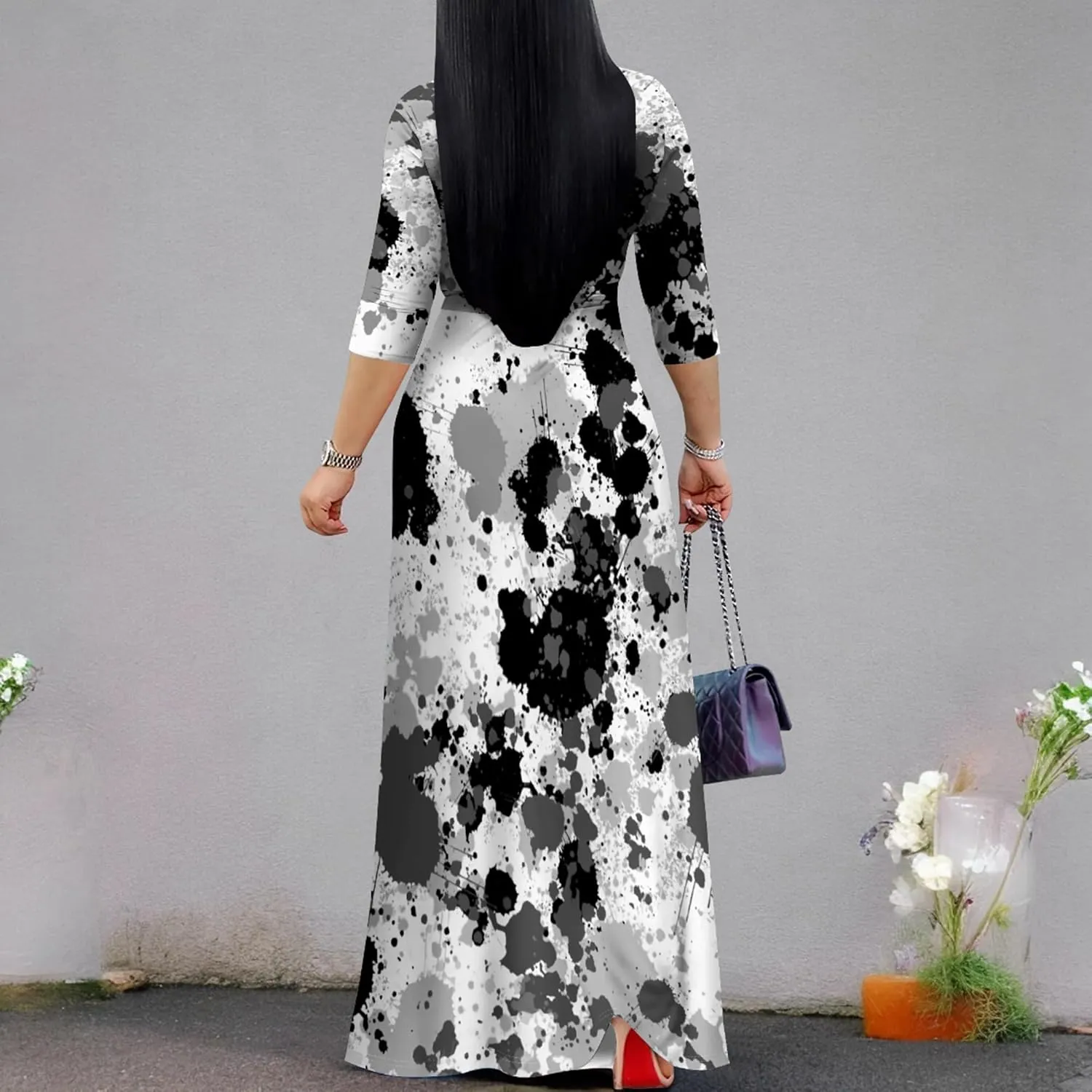 Plus Size Dresses for Curvy Women Casual Maxi Dress Flowy 3/4 Sleeve with Belt