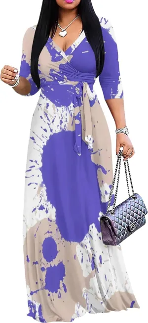 Plus Size Dresses for Curvy Women Casual Maxi Dress Flowy 3/4 Sleeve with Belt